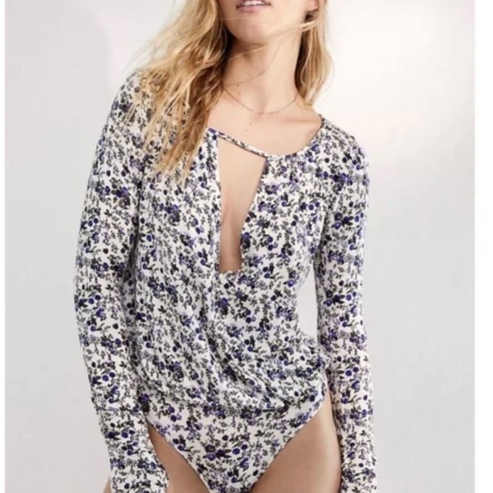 Free People Floral Cutout Bodysuit in Cream and Purple